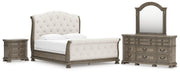 Ardenfield California King Upholstered Sleigh Bed with Mirrored Dresser and Nightstand in Light Brown from Ashley - Lara Furniture