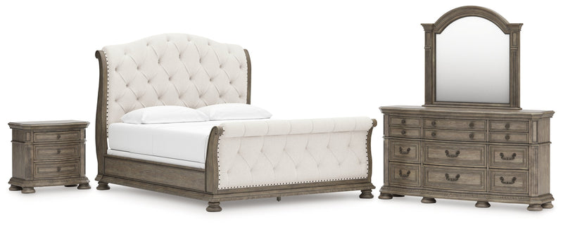 Ardenfield California King Upholstered Sleigh Bed with Mirrored Dresser and Nightstand in Light Brown from Ashley - Lara Furniture