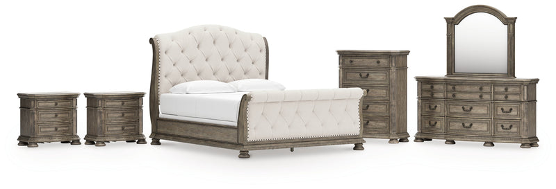 Ardenfield California King Upholstered Sleigh Bed with Mirrored Dresser, Chest and 2 Nightstands in Light Brown from Ashley - Lara Furniture