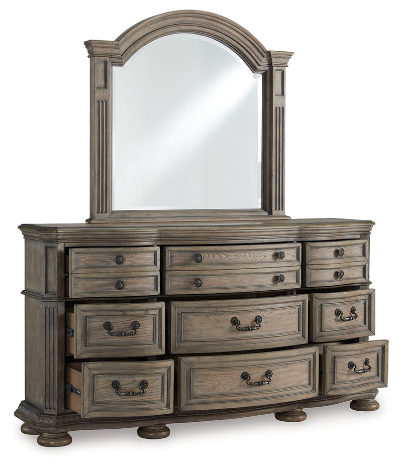 Ardenfield California King Upholstered Sleigh Bed with Mirrored Dresser, Chest and 2 Nightstands in Light Brown from Ashley - Lara Furniture