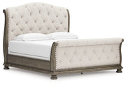 Ardenfield California King Upholstered Sleigh Bed with Mirrored Dresser, Chest and 2 Nightstands in Light Brown from Ashley - Lara Furniture