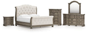 Ardenfield California King Upholstered Sleigh Bed with Mirrored Dresser, Chest and Nightstand in Light Brown from Ashley - Lara Furniture