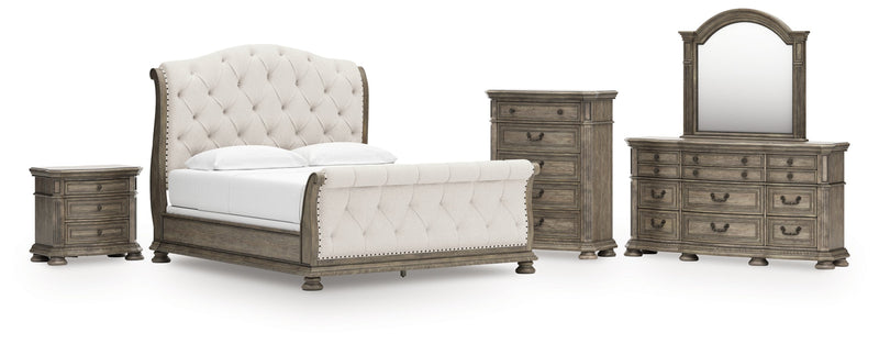 Ardenfield California King Upholstered Sleigh Bed with Mirrored Dresser, Chest and Nightstand in Light Brown from Ashley - Lara Furniture