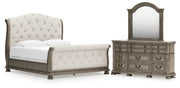 Ardenfield California King Upholstered Sleigh Bed with Mirrored Dresser in Light Brown from Ashley - Lara Furniture