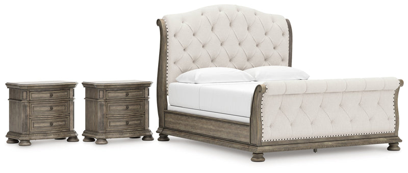 Ardenfield King Upholstered Sleigh Bed with 2 Nightstands in Light Brown from Ashley - Lara Furniture