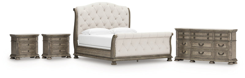 Ardenfield King Upholstered Sleigh Bed with Dresser and 2 Nightstands in Light Brown from Ashley - Lara Furniture
