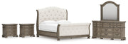 Ardenfield King Upholstered Sleigh Bed with Mirrored Dresser and 2 Nightstands in Light Brown from Ashley - Lara Furniture