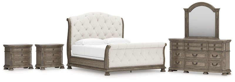 Ardenfield King Upholstered Sleigh Bed with Mirrored Dresser and 2 Nightstands in Light Brown from Ashley - Lara Furniture