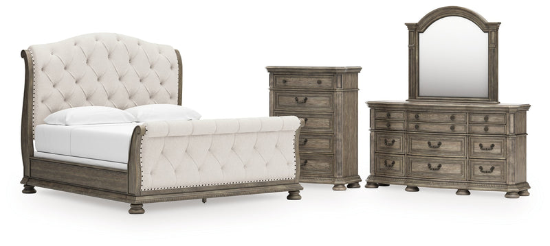 Ardenfield King Upholstered Sleigh Bed with Mirrored Dresser and Chest in Light Brown from Ashley - Lara Furniture
