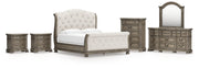 Ardenfield King Upholstered Sleigh Bed with Mirrored Dresser, Chest and 2 Nightstands in Light Brown from Ashley - Lara Furniture