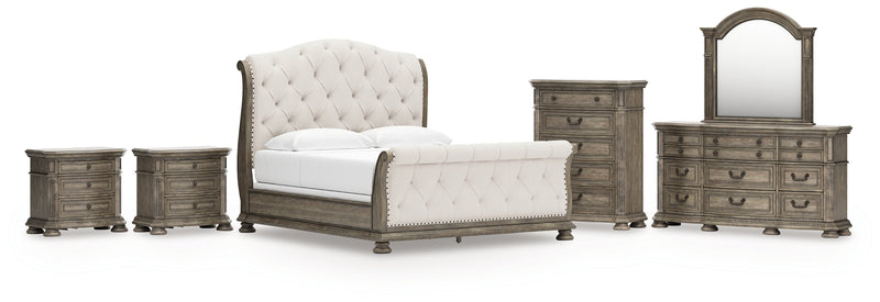 Ardenfield King Upholstered Sleigh Bed with Mirrored Dresser, Chest and 2 Nightstands in Light Brown from Ashley - Lara Furniture