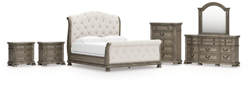 Ardenfield King Upholstered Sleigh Bed with Mirrored Dresser, Chest and 2 Nightstands in Light Brown from Ashley - Lara Furniture