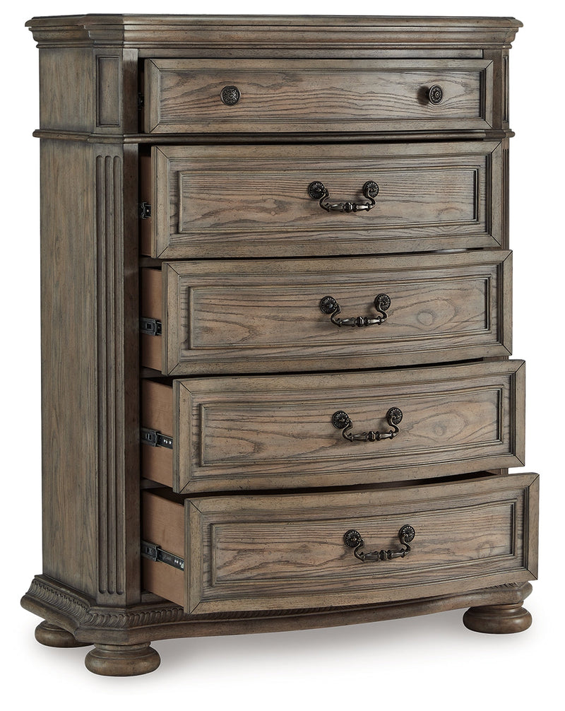 Ardenfield King Upholstered Sleigh Bed with Mirrored Dresser, Chest and 2 Nightstands in Light Brown from Ashley - Lara Furniture