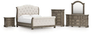 Ardenfield King Upholstered Sleigh Bed with Mirrored Dresser, Chest and Nightstand in Light Brown from Ashley - Lara Furniture