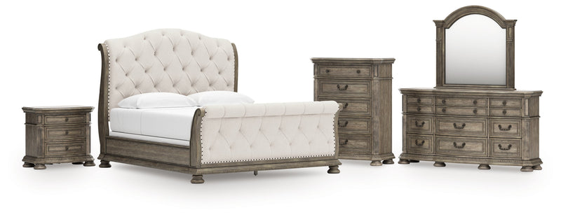 Ardenfield King Upholstered Sleigh Bed with Mirrored Dresser, Chest and Nightstand in Light Brown from Ashley - Lara Furniture