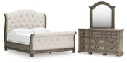 Ardenfield King Upholstered Sleigh Bed with Mirrored Dresser in Light Brown from Ashley - Lara Furniture