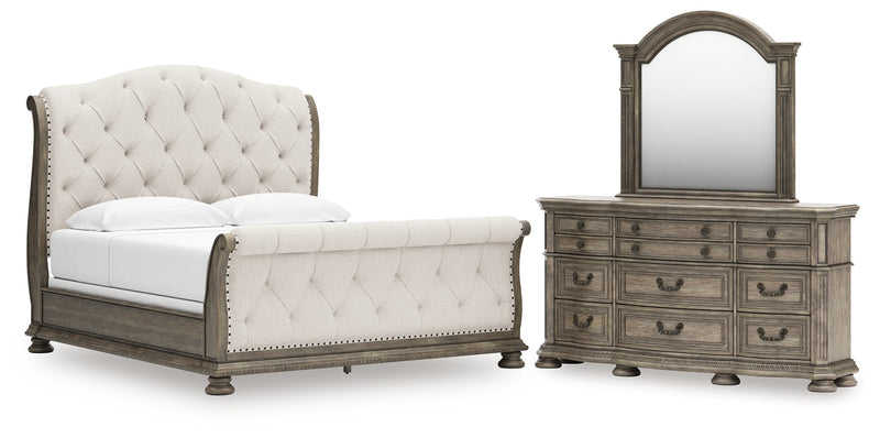 Ardenfield King Upholstered Sleigh Bed with Mirrored Dresser in Light Brown from Ashley - Lara Furniture