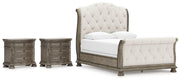 Ardenfield Queen Upholstered Sleigh Bed with 2 Nightstands in Light Brown from Ashley - Lara Furniture