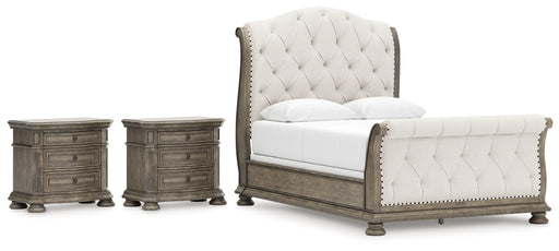 Ardenfield Queen Upholstered Sleigh Bed with 2 Nightstands in Light Brown from Ashley - Lara Furniture