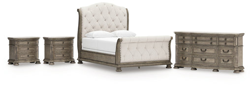 Ardenfield Queen Upholstered Sleigh Bed with Dresser and 2 Nightstands in Light Brown from Ashley - Lara Furniture