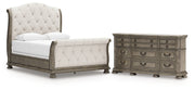 Ardenfield Queen Upholstered Sleigh Bed with Dresser in Light Brown from Ashley - Lara Furniture
