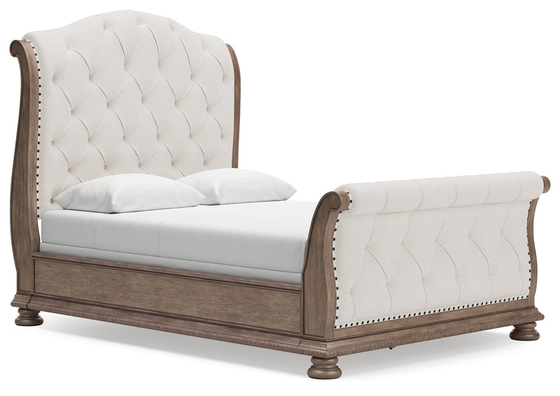 Ardenfield Queen Upholstered Sleigh Bed with Dresser in Light Brown from Ashley - Lara Furniture