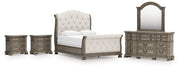 Ardenfield Queen Upholstered Sleigh Bed with Mirrored Dresser and 2 Nightstands in Light Brown from Ashley - Lara Furniture