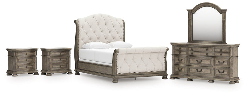 Ardenfield Queen Upholstered Sleigh Bed with Mirrored Dresser and 2 Nightstands in Light Brown from Ashley - Lara Furniture