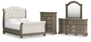 Ardenfield Queen Upholstered Sleigh Bed with Mirrored Dresser and Chest in Light Brown from Ashley - Lara Furniture