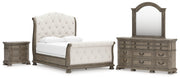 Ardenfield Queen Upholstered Sleigh Bed with Mirrored Dresser and Nightstand in Light Brown from Ashley - Lara Furniture
