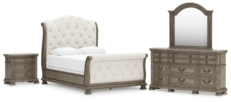 Ardenfield Queen Upholstered Sleigh Bed with Mirrored Dresser and Nightstand in Light Brown from Ashley - Lara Furniture