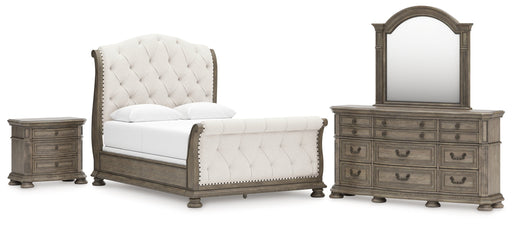 Ardenfield Queen Upholstered Sleigh Bed with Mirrored Dresser and Nightstand in Light Brown from Ashley - Lara Furniture