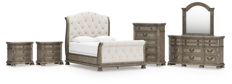 Ardenfield Queen Upholstered Sleigh Bed with Mirrored Dresser, Chest and 2 Nightstands in Light Brown from Ashley - Lara Furniture