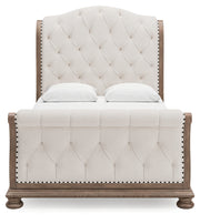 Ardenfield Queen Upholstered Sleigh Bed with Mirrored Dresser, Chest and 2 Nightstands in Light Brown from Ashley - Lara Furniture