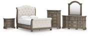 Ardenfield Queen Upholstered Sleigh Bed with Mirrored Dresser, Chest and Nightstand in Light Brown from Ashley - Lara Furniture