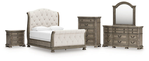 Ardenfield Queen Upholstered Sleigh Bed with Mirrored Dresser, Chest and Nightstand in Light Brown from Ashley - Lara Furniture