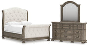 Ardenfield Queen Upholstered Sleigh Bed with Mirrored Dresser in Light Brown from Ashley - Lara Furniture