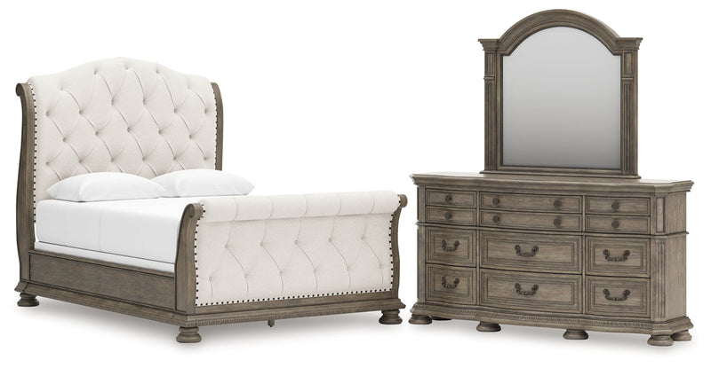 Ardenfield Queen Upholstered Sleigh Bed with Mirrored Dresser in Light Brown from Ashley - Lara Furniture