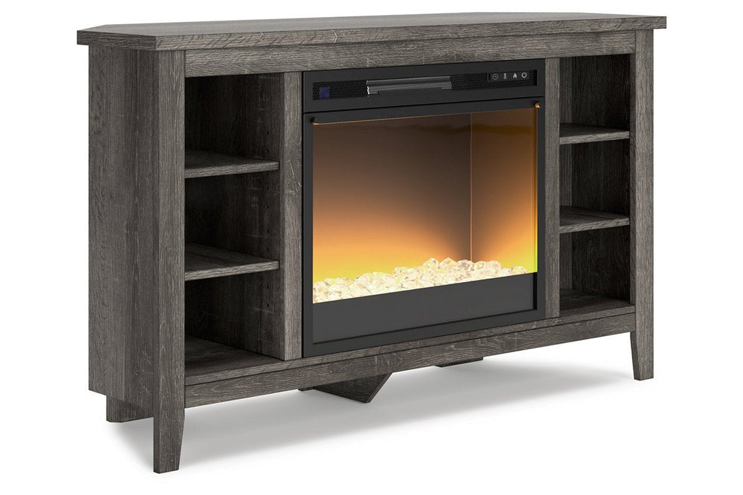 Arlenbry Gray Corner TV Stand with Electric Fireplace - Gate FurnitureTV Stand