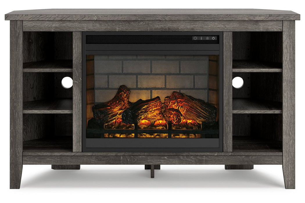Arlenbry Gray Corner TV Stand with Electric Fireplace - Gate FurnitureTV Stand