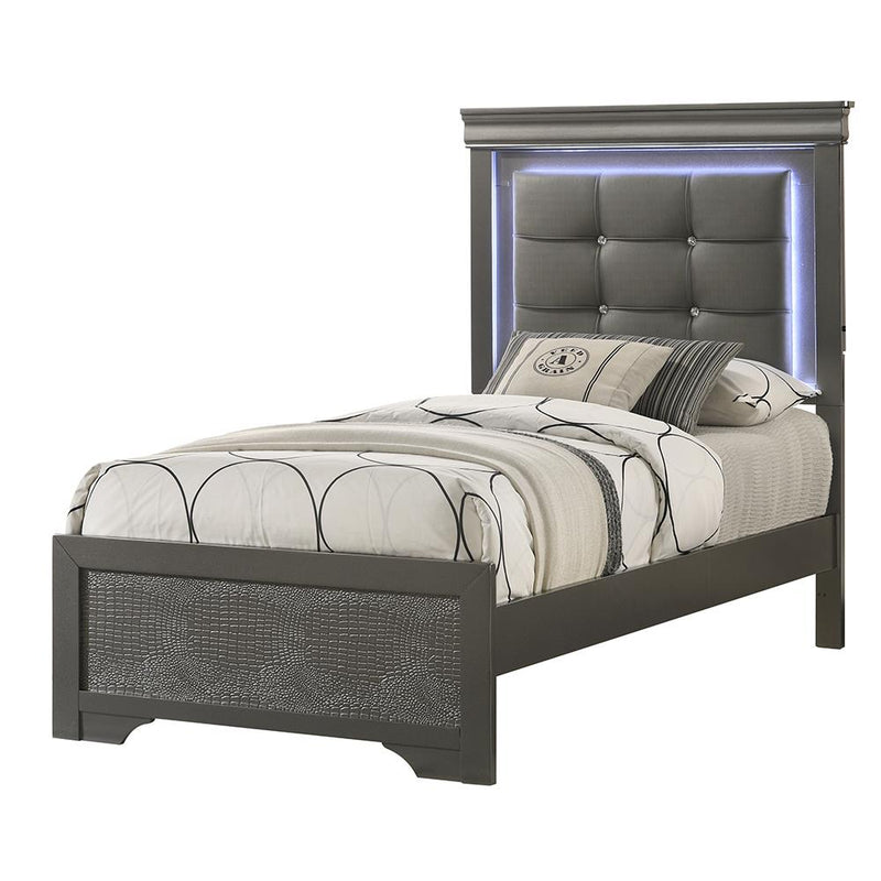 Arya - Gray Twin Bed with Upholstered Headboard and LED Light - B320-T-Bed