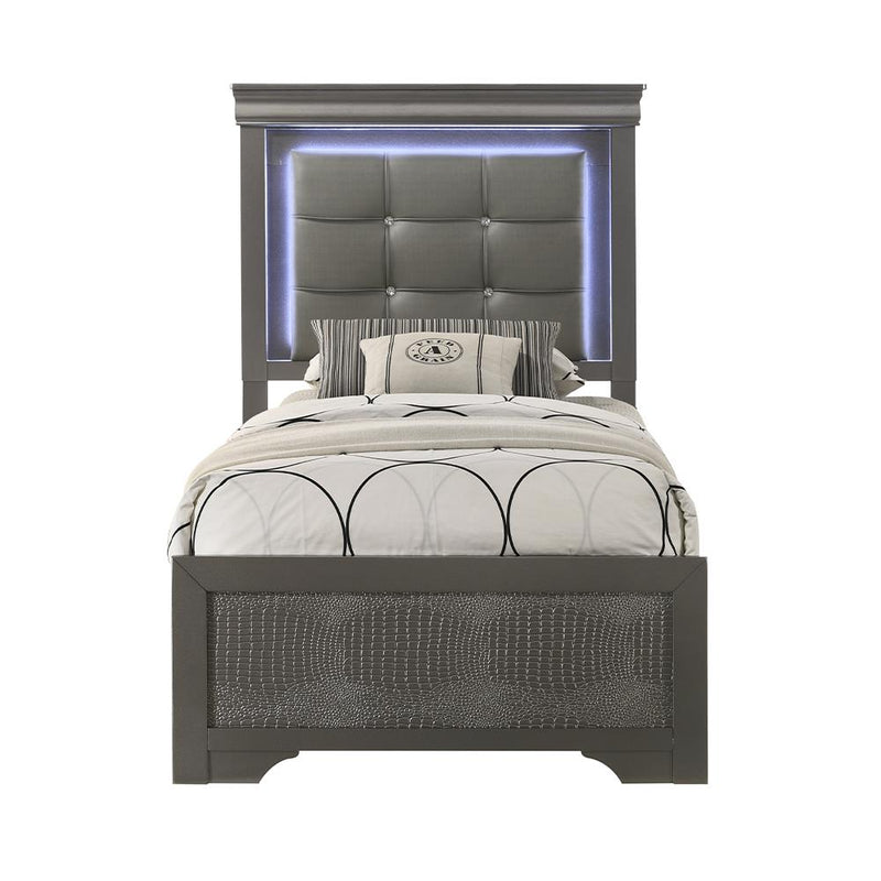 Arya - Gray Twin Bed with Upholstered Headboard and LED Light - B320-T-Bed