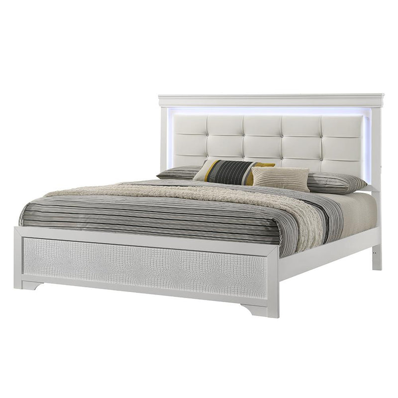 Arya - White Queen Bed with Upholstered Headboard and LED Light - B321-Q-Bed