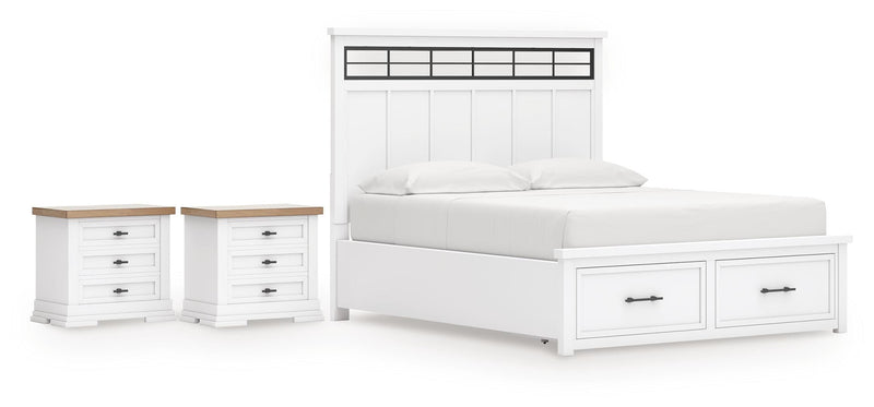 Ashbryn California King Panel Storage Bed and 2 Nightstands in White/Natural - PKG016981