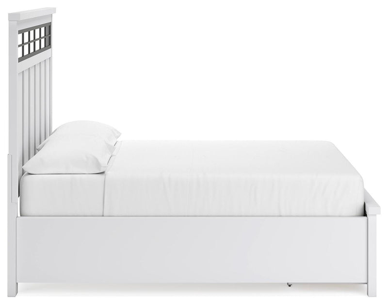 Ashbryn California King Panel Storage Bed, Dresser and 2 Nightstands in White/Natural - PKG016980