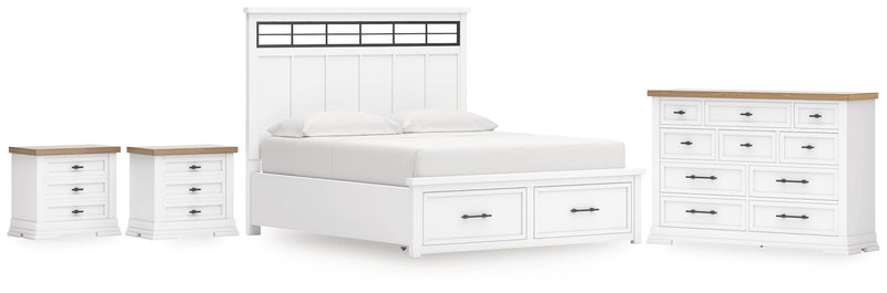 Ashbryn California King Panel Storage Bed, Dresser and 2 Nightstands in White/Natural - PKG016980