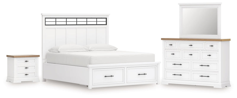 Ashbryn California King Panel Storage Bed with Mirrored Dresser and Nightstand in White/Natural from Ashley - Lara Furniture