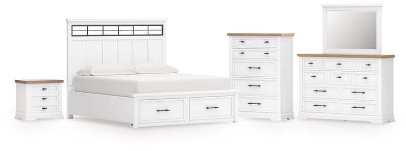 Ashbryn California King Panel Storage Bed with Mirrored Dresser, Chest and Nightstand in White/Natural from Ashley - Lara Furniture