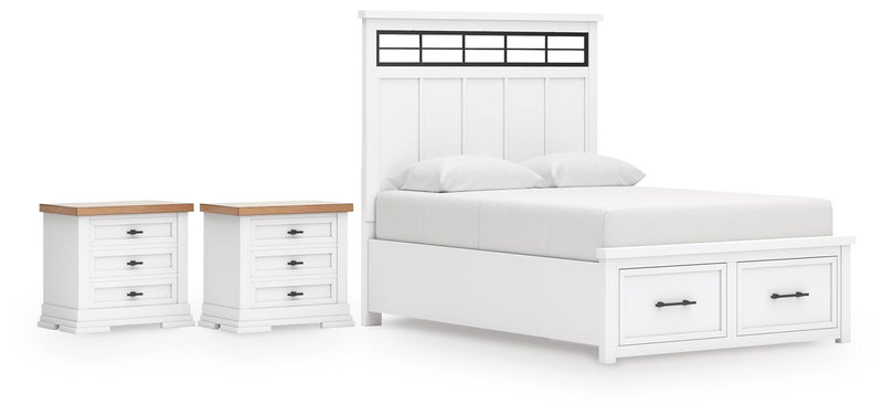 Ashbryn King Panel Storage Bed and 2 Nightstands in White/Natural - PKG016972