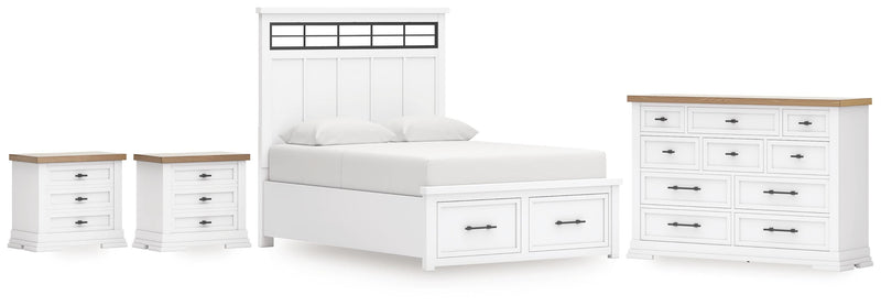 Ashbryn King Panel Storage Bed, Dresser and 2 Nightstands in White/Natural - PKG016971